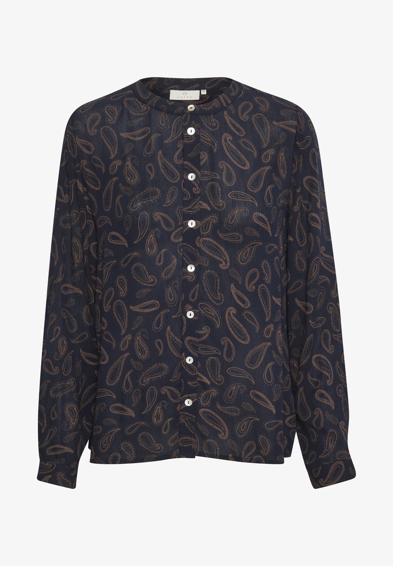 Blouse bleu marine foncé avec motifs cachemire marron, col rond, manches longues et sept boutons blancs au centre devant.