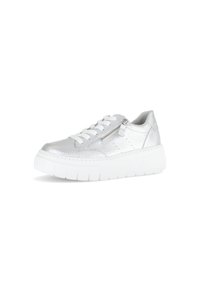 Silberner, strukturiert Sneaker mit weißer, voluminöser Sohle, der eine Schnürung auf der Vorderseite und einen praktischen Reißverschluss an der Seite für ein einfaches Anziehen bietet.