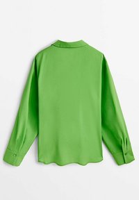 Blouse verte à manches longues en tissu lisse, avec un col et des poignets boutonnés, un ourlet arrondi et une coupe légèrement ample.