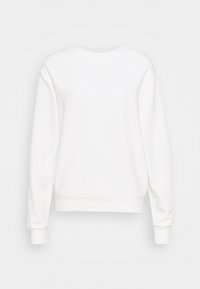 Sweatshirt blanc uni à manches longues et col rond, avec des poignets et un ourlet côtelés, présenté sur un fond neutre.