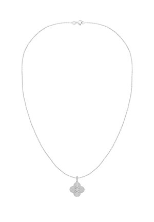 Collana con catenina in argento con un piccolo pendente a quadrifoglio con una barra centrale e delicati dettagli testurizzati.