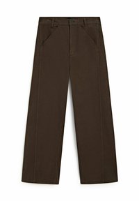 Pantaloni larghi marroni realizzati in tessuto con una superficie liscia. Presentano tasche frontali e una chiusura con bottone, con una silhouette dritta.