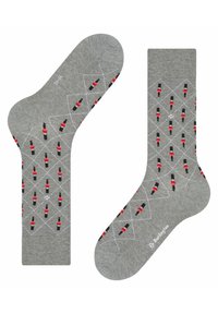 Calze grigie con un motivo ripetuto di soldatini rossi e neri, contornati da diamanti bianchi, realizzate in un morbido materiale misto cotone.