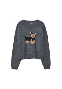 Ciemnoszara sweter dzianinowy z małą grafiką psa w czerni i brązie, umiejscowioną centralnie z przodu, z długimi rękawami i okrągłym dekoltem.