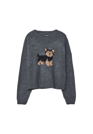 Ciemnoszara sweter dzianinowy z małą grafiką psa w czerni i brązie, umiejscowioną centralnie z przodu, z długimi rękawami i okrągłym dekoltem.