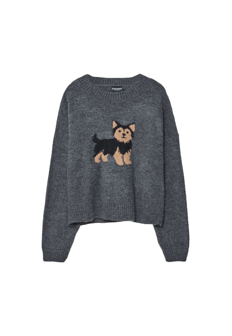 Ciemnoszara sweter dzianinowy z małą grafiką psa w czerni i brązie, umiejscowioną centralnie z przodu, z długimi rękawami i okrągłym dekoltem.