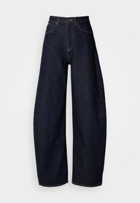 Jeans wide-leg blu scuro in denim, con vita alta, taglio dritto, design a cinque tasche e cuciture a contrasto.