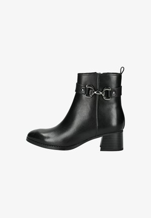 Black leather ankle boot with a rounded toe, chunky heel, decorative buckle accent, and side zipper for closure. Smooth, polished texture.
