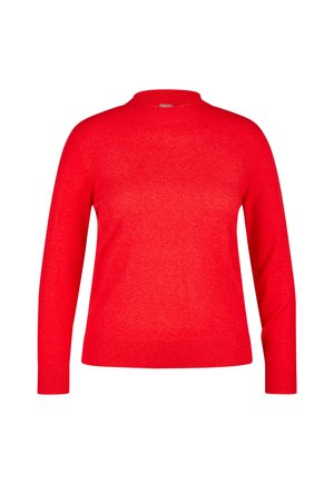 Bright red long-sleeve sweater with a round neckline and ribbed cuffs and hem, shown against a white background.