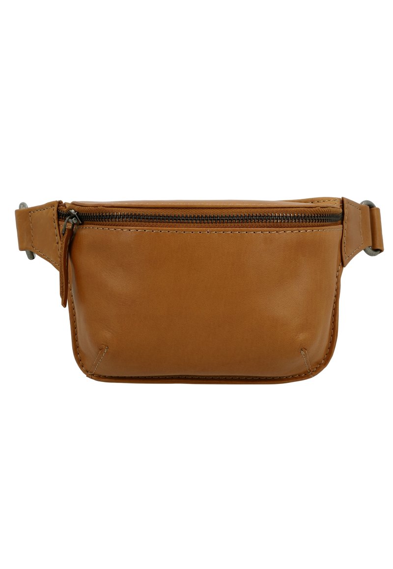Banane en cuir marron avec un seul compartiment zippé et une sangle ajustable avec boucle en métal de chaque côté.