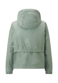 Lichtgroene, capuchonjack met een getailleerde taille, zachte textuur en drukknoopmanchetten. Heeft een naadloos, minimalistisch ontwerp.