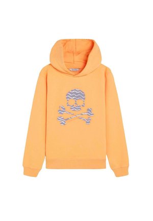 Sudadera con capucha naranja con un gran diseño gris de calavera y huesos cruzados con líneas blancas onduladas en la parte frontal, mangas largas y capucha delantera.