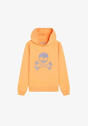Sudadera con capucha naranja con un gran diseño gris de calavera y huesos cruzados con líneas blancas onduladas en la parte frontal, mangas largas y capucha delantera.