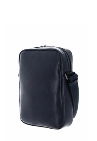 Sac bandoulière en cuir bleu marine de forme rectangulaire, à texture lisse, fermeture à glissière sur le dessus et sangle réglable pour plus de confort.