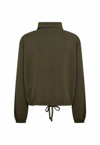 Olivgrön, långärmad tröja med krage, draperade ärmslut och ett band i nederkant för justerbar passform; slät textur.