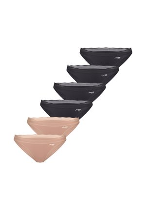 Fünf schwarze und zwei beige Damen-Bikinihöschen mit Spitzenbesatz und kleinem "Sloggi" Logo auf jeder Vorderseite.