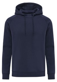 Marineblaue Baumwollkapuzenjacke mit langen Ärmeln und verstellbarem Kapuzenzug. Mit gerippten Bündchen und Saum. Glatte Textur, keine Muster oder Akzente.
