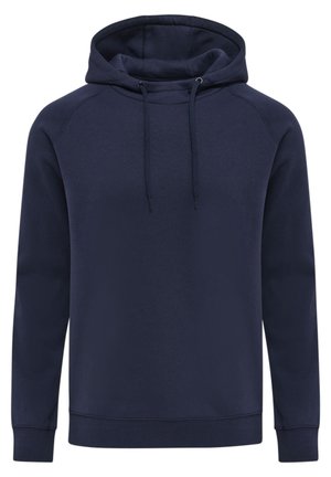 Marineblauwe katoenen hoodie met lange mouwen en een trekkoord in de capuchon. Voorzien van ribgebreide manchetten en een zoom. Soepele textuur, geen patronen of accenten.