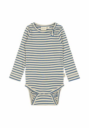 Body a maniche lunghe a righe in crema con linee orizzontali blu, caratterizzato da un collo rotondo e chiusure a pressione sul fondo. Morbida texture a costine.