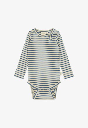 Stribet langærmet bodysuit i creme med blå vandrette striber, med rund halsudskæring og trykknapper i bunden. Blød ribbet tekstur.