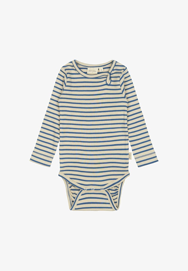 Prugasti bodi dugih rukava u krem boji s plavim horizontalnim prugama, s okruglim izrezom i dugmadi za zatvaranje na dnu. Mekana rebrasta tekstura.