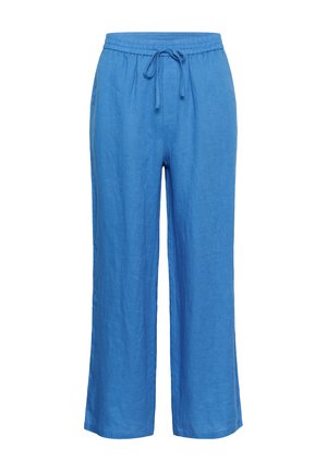 Pantalon large en lin bleu avec taille élastique et cordon de serrage ajustable.