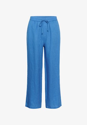 Modré široké ľanové nohavice s elastickým pásom a nastaviteľným šnúrkou.