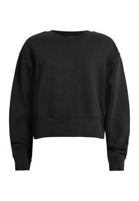 Sweat-shirt court noir à manches longues avec col rond, poignets et ourlet côtelés, conçu pour un usage décontracté.
