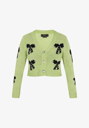 Hellgrüner, kürzer geschnittener Cardigan mit schwarzen Schleifenmustern und dekorativen Knöpfen. Strickstruktur mit V-Ausschnitt und langen Ärmeln.