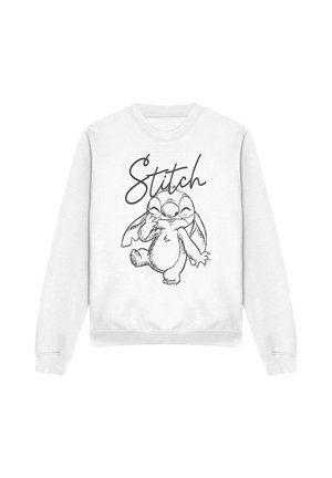 White sweatshirt featuring a black outline illustration of a character with large ears and a playful expression, accompanied by the text "Stitch."
