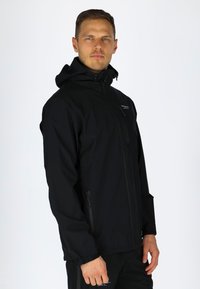 Black windbreaker jacket with a hood, featuring zippered pockets and elastic cuffs, made of lightweight, waterproof material.