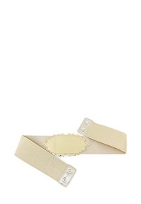 Cintura elasticizzata beige con toppe decorative in pelle scallop e chiusure a bottone metallico su ciascun lato.