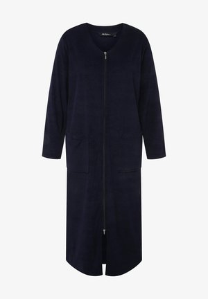Accappatoio blu navy con zip realizzato in tessuto morbido e peloso. Presenta maniche lunghe, due tasche frontali e un taglio al ginocchio con orlo arrotondato.