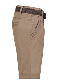 Beige shorts with a woven brown belt, featuring side pockets and a rolled hem. Smooth fabric and subtle stitching details.