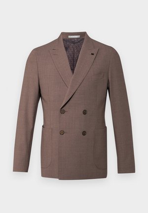 Hnědý dvouřadý blazer s špičatými klopami, dvěma předními kapsami a vzorovanou podšívkou. Obsahuje hnědé knoflíky a texturovanou tkaninu.