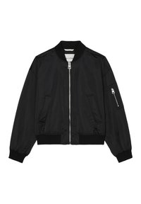 Chaqueta bomber negra de nylon suave, con cierre frontal de cremallera, puños acanalados y dos bolsillos laterales con un bolsillo con cremallera en la manga.