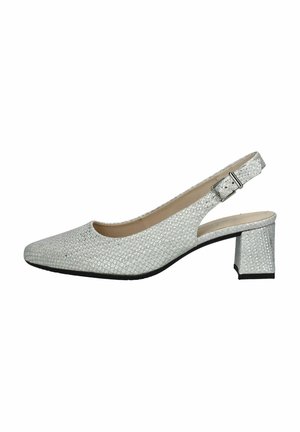 Silberne Slingback-Schuhe mit strukturiertem Mesh-Obermaterial, spitzem Zeh und Blockabsatz. Verfügt über einen verstellbaren Schnallenriemen am Knöchel.