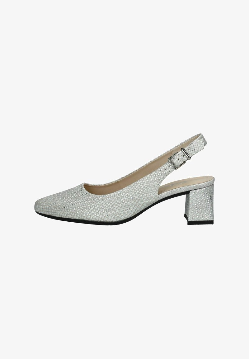 Silberne Slingback-Schuhe mit strukturiertem Mesh-Obermaterial, spitzem Zeh und Blockabsatz. Verfügt über einen verstellbaren Schnallenriemen am Knöchel.