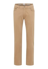 Beige Hosen aus Baumwollmischgewebe, mit geradem Bein, fünf Taschen und einem Knopfverschluss am Bund.