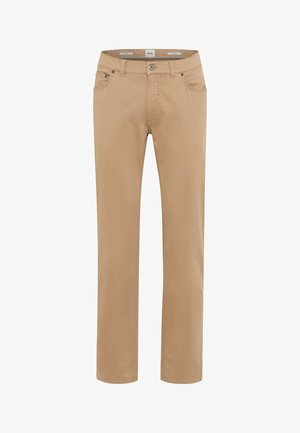 Beige bukser lavet af en bomuldsblanding, med lige ben design, fem lommer og en knaplukning i taljen.