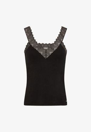 Schwarzes Tanktop mit V-Ausschnitt und gewelltem Spitzensaum. Weicher Stoff, ärmelloses Design, mit Zickzack-Spitzendetails an den Schultern.