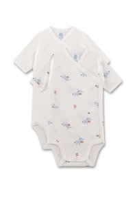 Zwei kurzärmelige, cremefarbene Babybodysuits aus weicher Baumwolle. Einer hat ein Wickeldesign mit hellblauen Tiermustern und orangen Akzenten.