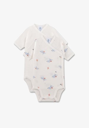 Zwei kurzärmelige, cremefarbene Babybodysuits aus weicher Baumwolle. Einer hat ein Wickeldesign mit hellblauen Tiermustern und orangen Akzenten.