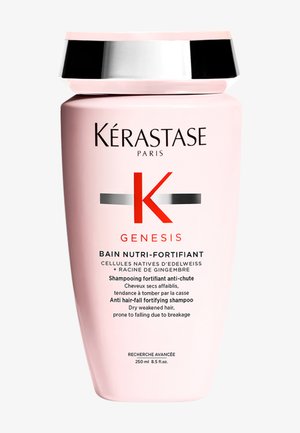 Flacon de shampooing fortifiant anti-chute Genesis de Kérastase, rose avec bouchon argenté, 250 ml, conçu pour les cheveux secs et fragilisés sujets à la casse.