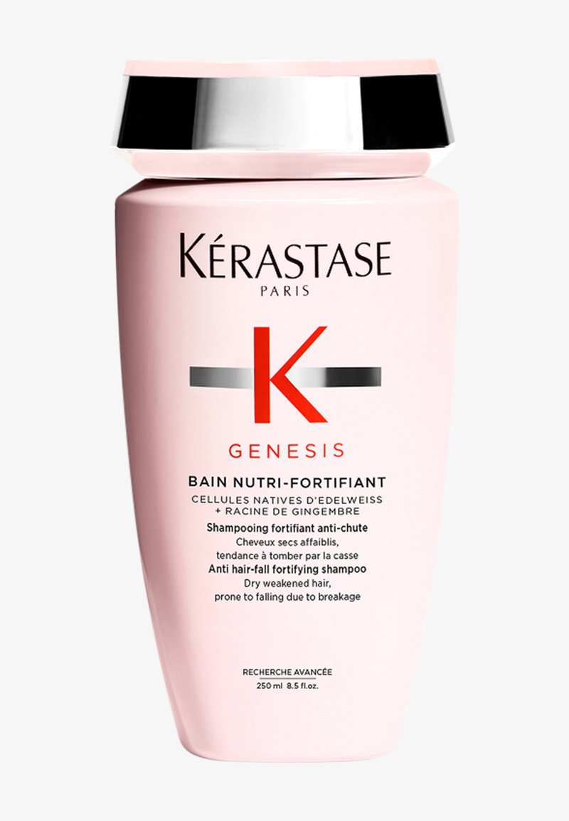 Rosa Kérastase Genesis anti-hårtap styrkende shampo-flaske med sølvlokk, 250 ml, designet for tørt, svekket hår som er utsatt for brudd.