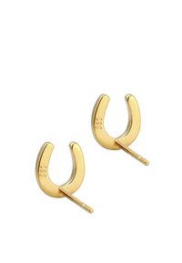 Boucles d'oreilles en forme de fer à cheval, de couleur dorée et avec une finition polie. Chaque boucle d'oreille dispose d'un tige droite pour un maintien sécurisé.