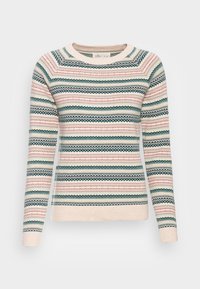 Strickpullover mit rundem Halsausschnitt, langen Ärmeln und einem mehrfarbigen Streifenmuster in Pink, Grün und Marine auf einem cremefarbenen Hintergrund.