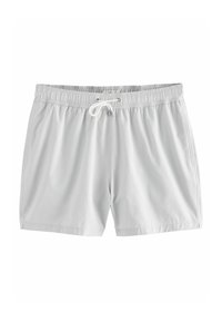 Helle graue Badeshorts mit elastischem Bund und Kordelzug, ausgestattet mit einer glatten Textur und seitlichen Taschen. Einfaches, funktionales Design.
