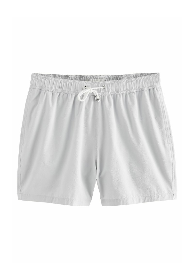 Helle graue Badeshorts mit elastischem Bund und Kordelzug, ausgestattet mit einer glatten Textur und seitlichen Taschen. Einfaches, funktionales Design.