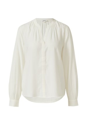 Weiße Bluse mit langen Ärmeln, rundem Ausschnitt, Knopfleiste und gerafften Details an den Schultern. Glatter Stoff mit leicht geschwungenem Saum.